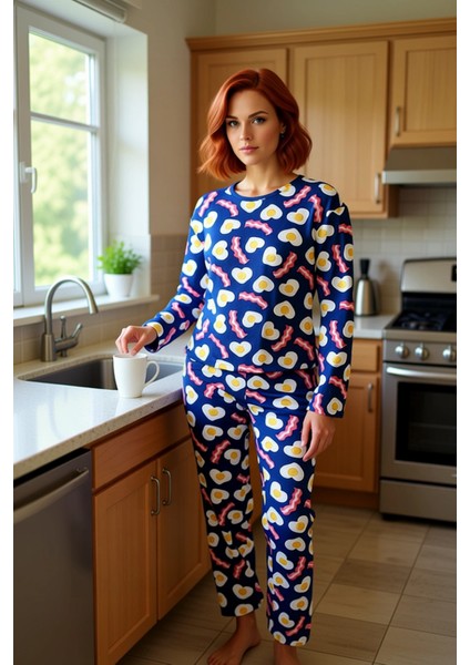 Kadin Kahvalti Desenli Pijama Takımı Bisiklet Yaka Uzun Kol Fonksiyonel Dayanıklı Kaliteli fiyatları