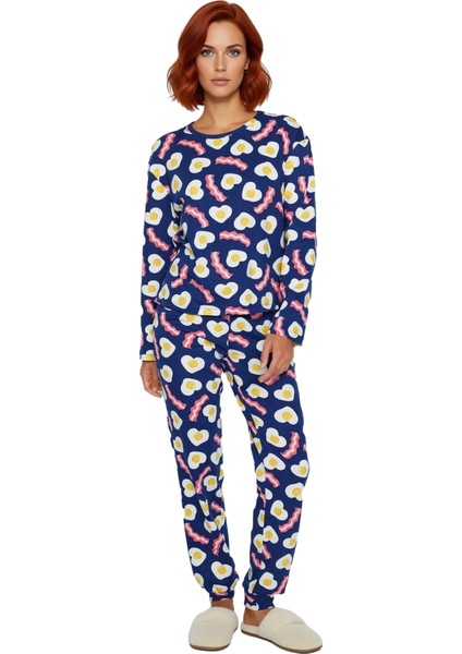Kadin Kahvalti Desenli Pijama Takımı Bisiklet Yaka Uzun Kol Fonksiyonel Dayanıklı Kaliteli fırsatları