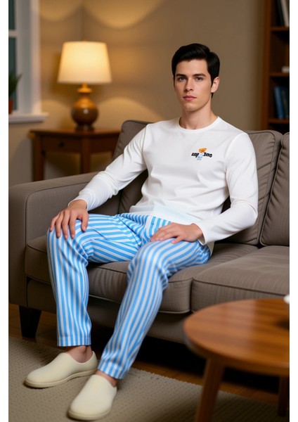 Erkek Ayıcık Baskılı Bisiklet Yaka Uzun Kollu Pijama Takımı Fonksiyonel Dayanıklı Kaliteli