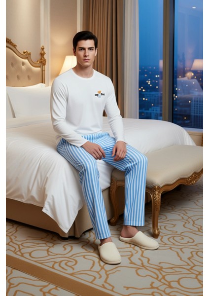 Erkek Ayıcık Baskılı Bisiklet Yaka Uzun Kollu Pijama Takımı Fonksiyonel Dayanıklı Kaliteli modelleri