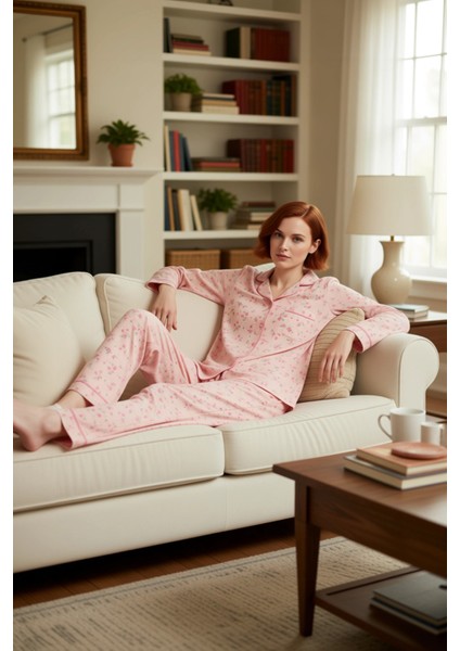 Kadın Çiçekli Gömlek Yaka Uzun Kollu Pijama Takımı Fonksiyonel Dayanıklı Kaliteli Konforlu