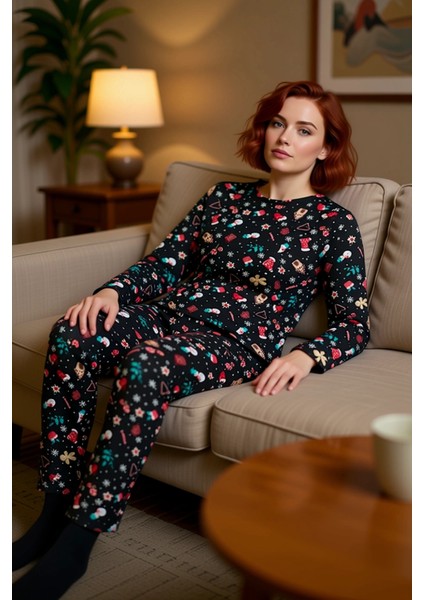 Kadın Yılbaşı Temalı Bisiklet Yaka Uzun Kollu Pijama Takımı Fonksiyonel Dayanıklı Kaliteli