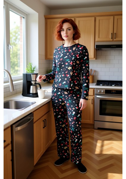 Kadın Yılbaşı Temalı Bisiklet Yaka Uzun Kollu Pijama Takımı Fonksiyonel Dayanıklı Kaliteli fiyatları