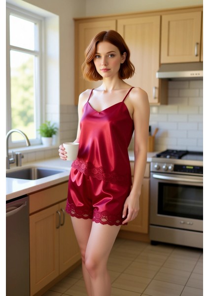 Zarif Tasarım Dantel Detaylı Saten Dokuma Ince Askılı Şortlu Kadın Pijama Fonksiyonel Spor indirimleri