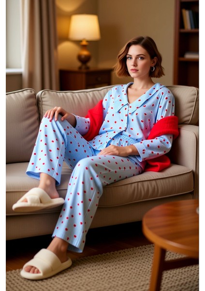 Kadın Kalp Desenli Gömlek Yaka Pijama Takımı Fonksiyonel Dayanıklı Kaliteli Konforlu Rahat