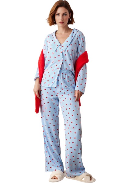 Kadın Kalp Desenli Gömlek Yaka Pijama Takımı Fonksiyonel Dayanıklı Kaliteli Konforlu Rahat fırsatları