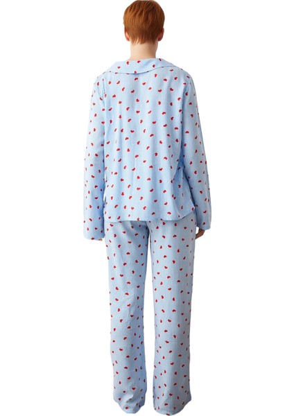 Kadın Kalp Desenli Gömlek Yaka Pijama Takımı Fonksiyonel Dayanıklı Kaliteli Konforlu Rahat indirimleri