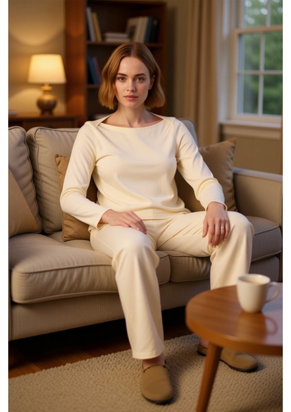 Kadın Mürdüm Viskon Süprem Kayık Yaka Uzun Kollu Pijama Takımı Fonksiyonel Dayanıklı Rahat