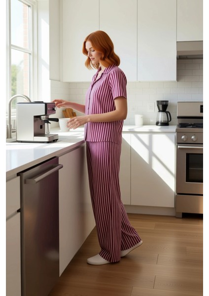Kadın Çizgili Poplin Pijama Takımı Gömlek Pantolon Fonksiyonel Dayanıklı Kaliteli Konforlu fiyatları