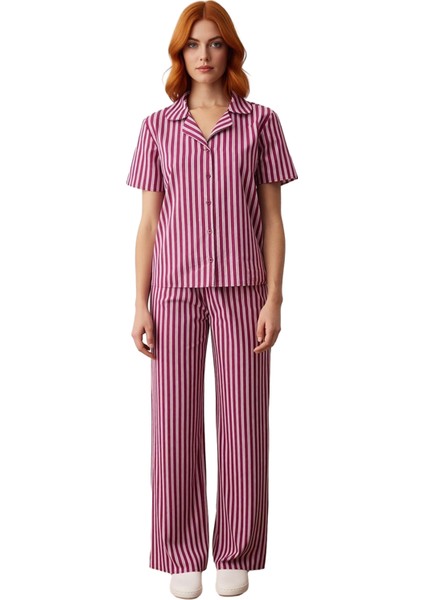 Kadın Çizgili Poplin Pijama Takımı Gömlek Pantolon Fonksiyonel Dayanıklı Kaliteli Konforlu fırsatları