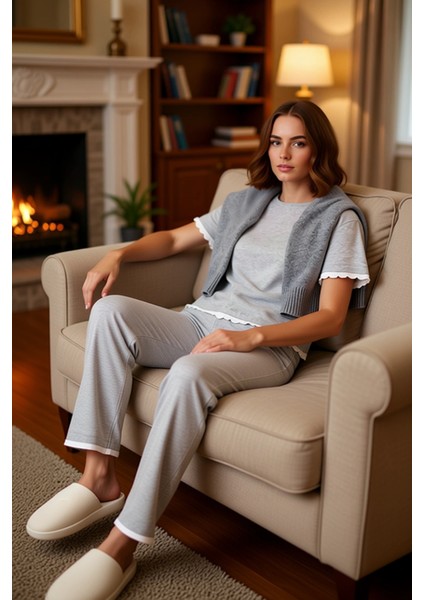Kadın Melanj Bisiklet Yaka Kısa Kollu Pijama Takımı Fonksiyonel Dayanıklı Kaliteli Estetik