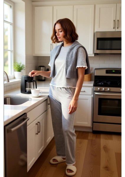 Kadın Melanj Bisiklet Yaka Kısa Kollu Pijama Takımı Fonksiyonel Dayanıklı Kaliteli Estetik fiyatları