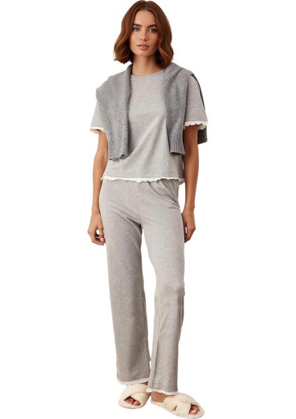 Kadın Melanj Bisiklet Yaka Kısa Kollu Pijama Takımı Fonksiyonel Dayanıklı Kaliteli Estetik fırsatları