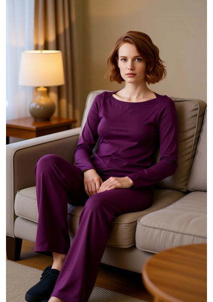 Kadın Mürdüm Viskon Süprem Kayık Yaka Uzun Kollu Pijama Takımı Fonksiyonel Dayanıklı Rahat