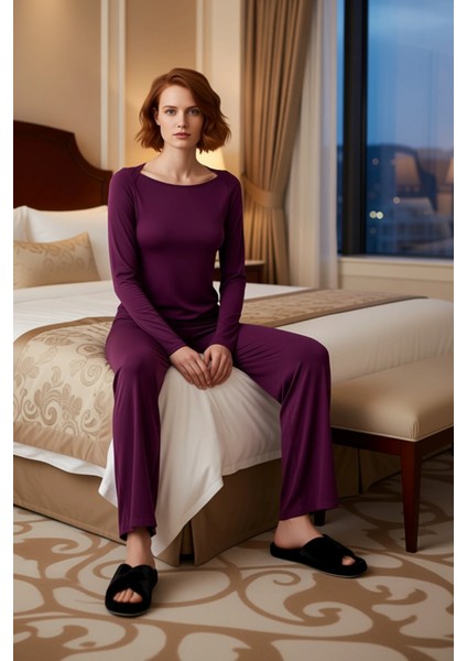Kadın Mürdüm Viskon Süprem Kayık Yaka Uzun Kollu Pijama Takımı Fonksiyonel Dayanıklı Rahat modelleri