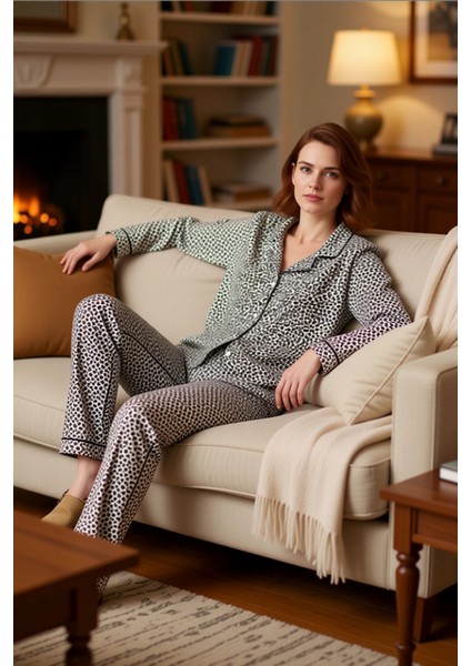 Kadın Leopar Desenli Gömlek Yaka Pijama Takımı Fonksiyonel Dayanıklı Kaliteli Konforlu Şık