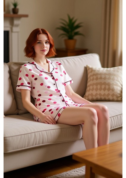 Kadın Puantiyeli Gömlek Şortlu Pijama Takımı Fonksiyonel Dayanıklı Kaliteli Konforlu Rahat fırsatları