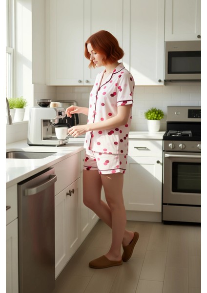 Kadın Puantiyeli Gömlek Şortlu Pijama Takımı Fonksiyonel Dayanıklı Kaliteli Konforlu Rahat indirimleri