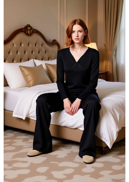 Kadın Fitilli Örme V Yaka Pijama Takımı Baby Overlok Detaylı Fonksiyonel Dayanıklı Estetik modelleri