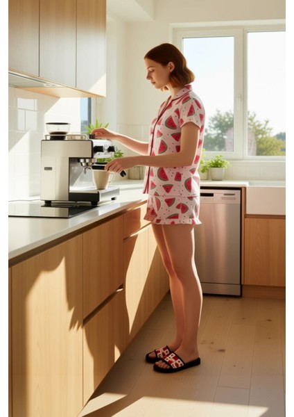 Yazlık Karpuz Desenli Gömlek ve Fırfırlı Şort Pijama Takımı Kadın Fonksiyonel Dayanıklı Şık