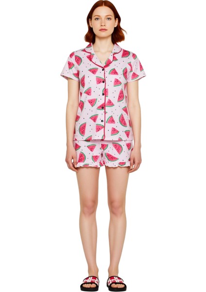 Yazlık Karpuz Desenli Gömlek ve Fırfırlı Şort Pijama Takımı Kadın Fonksiyonel Dayanıklı Şık modelleri