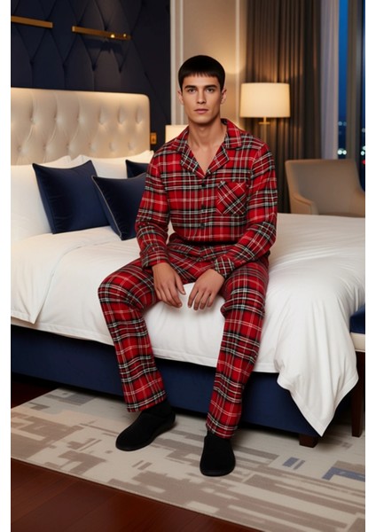 Erkek Kirmizi Ekose Flanel Pijama Takımı Fonksiyonel Dayanıklı Kaliteli Konforlu Estetik Şık