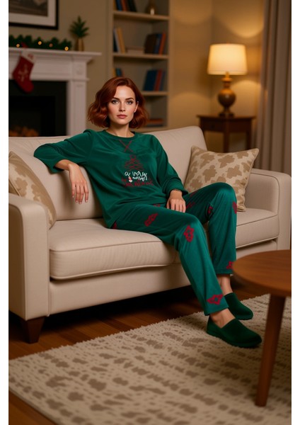Kadin Yesil Yılbaşı Temali Polar Pijama Takımı Fonksiyonel Dayanıklı Kaliteli Konforlu Şık