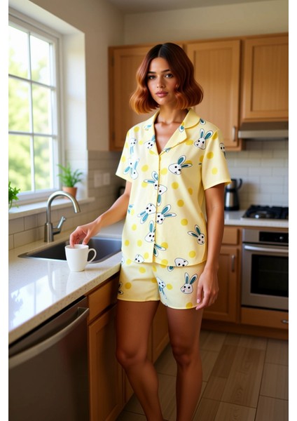 Kadın Puantiyeli Tavşan Desenli Viskon Pijama Takımı Fonksiyonel Dayanıklı Kaliteli Modern