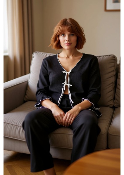 Kadın V Yaka Müslin Dokuma Pijama Takımı Truvakar Kol Detaylı Fonksiyonel Dayanıklı Modern fırsatları