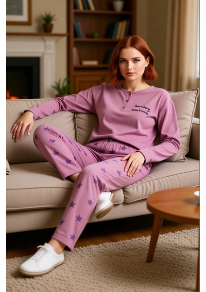 Kadın Gül Kurusu Yıldız Baskılı Oversize Pijama Takımı Fonksiyonel Dayanıklı Kaliteli Spor