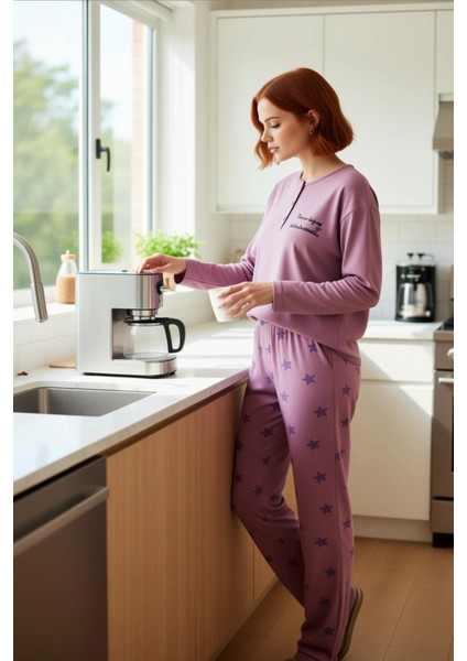 Kadın Gül Kurusu Yıldız Baskılı Oversize Pijama Takımı Fonksiyonel Dayanıklı Kaliteli Spor fiyatları