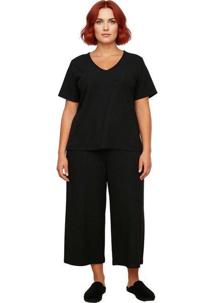 Kadın V Yaka Fitilli Örme Pijama Takımı Fonksiyonel Dayanıklı Kaliteli Konforlu Estetik Şık fırsatları