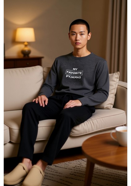 Erkek Antrasit Bisiklet Yaka Slogan Baskılı Pijama Takımı Fonksiyonel Dayanıklı Kaliteli Şık