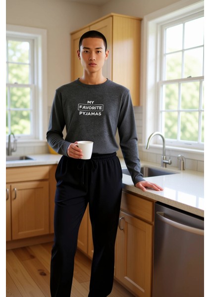 Erkek Antrasit Bisiklet Yaka Slogan Baskılı Pijama Takımı Fonksiyonel Dayanıklı Kaliteli Şık fiyatları