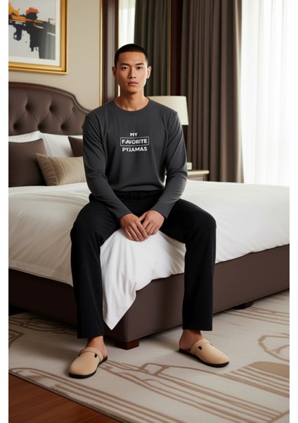 Erkek Antrasit Bisiklet Yaka Slogan Baskılı Pijama Takımı Fonksiyonel Dayanıklı Kaliteli Şık modelleri