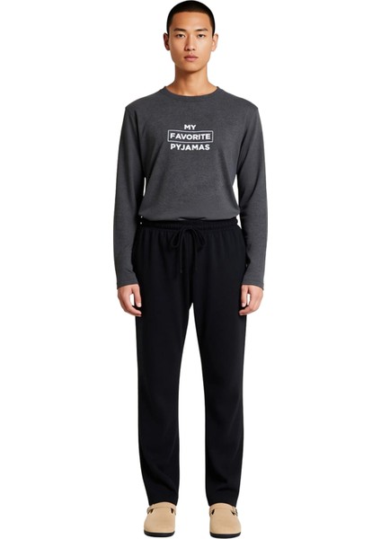 Erkek Antrasit Bisiklet Yaka Slogan Baskılı Pijama Takımı Fonksiyonel Dayanıklı Kaliteli Şık fırsatları