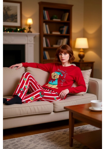 Kadin Kirmizi Kopek Baskılı Uzun Kollu Pijama Takımı Fonksiyonel Dayanıklı Kaliteli Modern