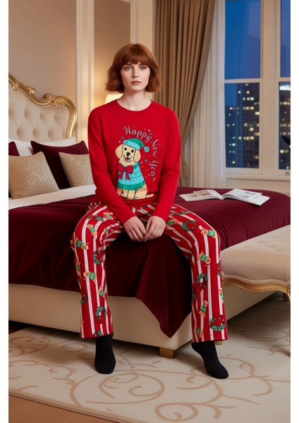 Kadin Kirmizi Kopek Baskılı Uzun Kollu Pijama Takımı Fonksiyonel Dayanıklı Kaliteli Modern modelleri