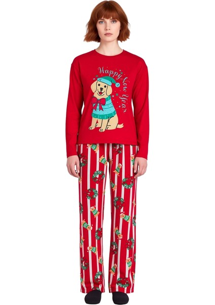 Kadin Kirmizi Kopek Baskılı Uzun Kollu Pijama Takımı Fonksiyonel Dayanıklı Kaliteli Modern fırsatları