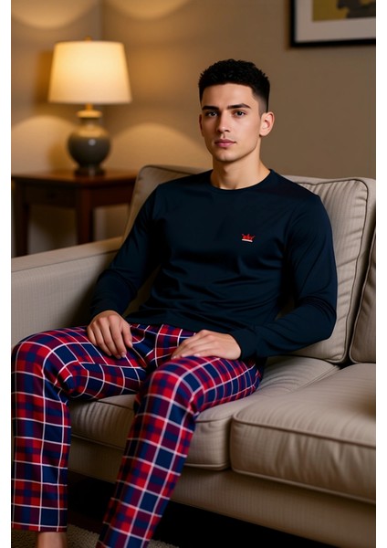 Erkek Antrasit Bisiklet Yaka Ekose Desenli Pijama Takımı Fonksiyonel Dayanıklı Kaliteli Şık