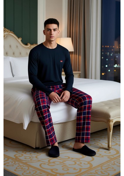 Erkek Antrasit Bisiklet Yaka Ekose Desenli Pijama Takımı Fonksiyonel Dayanıklı Kaliteli Şık modelleri