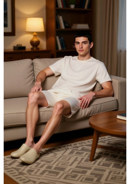 Erkek Slogan Baskılı Bisiklet Yaka Kısa Kollu Pamuklu Pijama Takımı Fonksiyonel Dayanıklı Şık