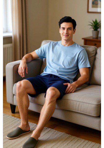 Erkek Bisiklet Yaka Kısa Kollu Pijama Takımı Fonksiyonel Dayanıklı Kaliteli Konforlu Rahat