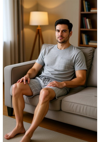 Erkek Grimelanj Ekose Örme Pijama Takımı Bisiklet Yaka Kısa Kollu Fonksiyonel Dayanıklı Şık