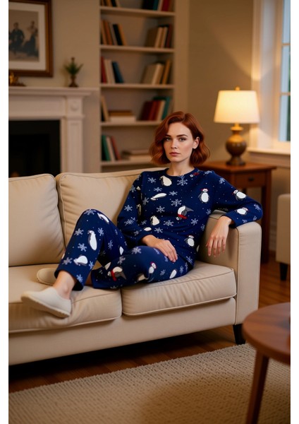 Kadın Penguen Desenli Polar Pijama Takımı Kışlık Ev Giyimi Fonksiyonel Dayanıklı Kaliteli Şık