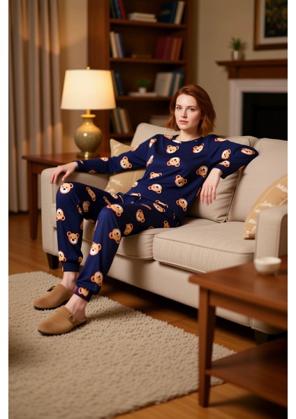 Kadın Ayıcıklı Pijama Takımı Uzun Kollu Bisiklet Yaka Fonksiyonel Dayanıklı Kaliteli Rahat