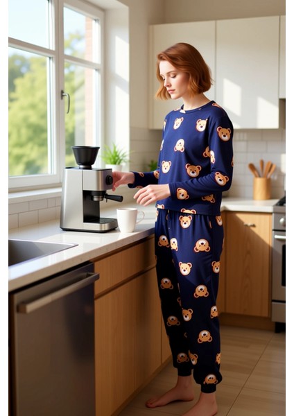Kadın Ayıcıklı Pijama Takımı Uzun Kollu Bisiklet Yaka Fonksiyonel Dayanıklı Kaliteli Rahat fiyatları