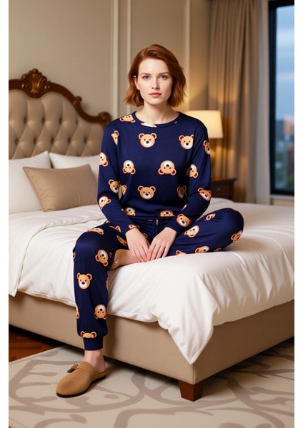 Kadın Ayıcıklı Pijama Takımı Uzun Kollu Bisiklet Yaka Fonksiyonel Dayanıklı Kaliteli Rahat modelleri