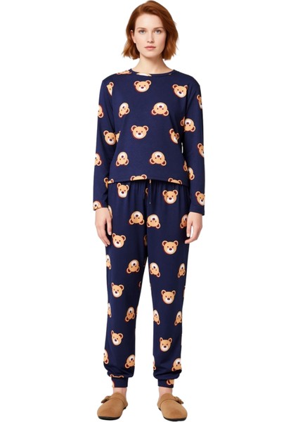 Kadın Ayıcıklı Pijama Takımı Uzun Kollu Bisiklet Yaka Fonksiyonel Dayanıklı Kaliteli Rahat fırsatları