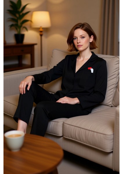 Kadın Kalpli Baskılı Gömlek ve Pantolon Pijama Takımı Fonksiyonel Dayanıklı Kaliteli Rahat